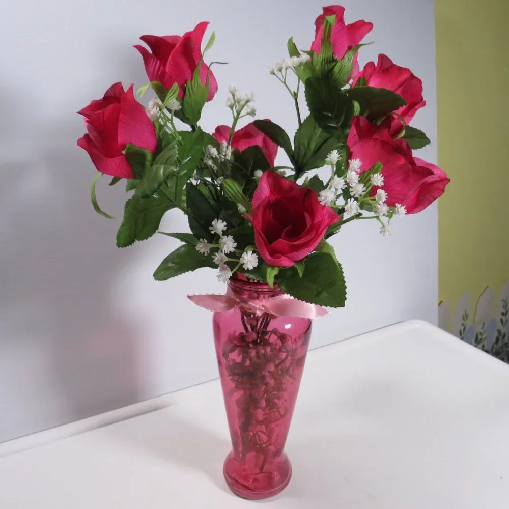 Pink Glass Vase with Warm Pink Faux Roses & Baby's Breath Silk Flowers